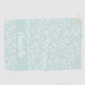 緑と白のフローラパーソナライズされた名の女性 ゴルフタオル (横)