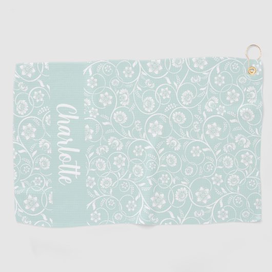 緑と白のフローラパーソナライズされた名の女性 ゴルフタオル (横)
