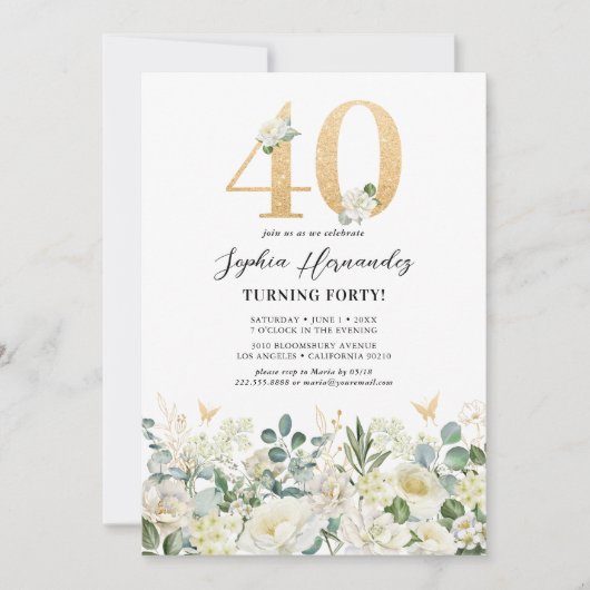 緑と白のフローラ40th誕生日パーティー 招待状 (正面)