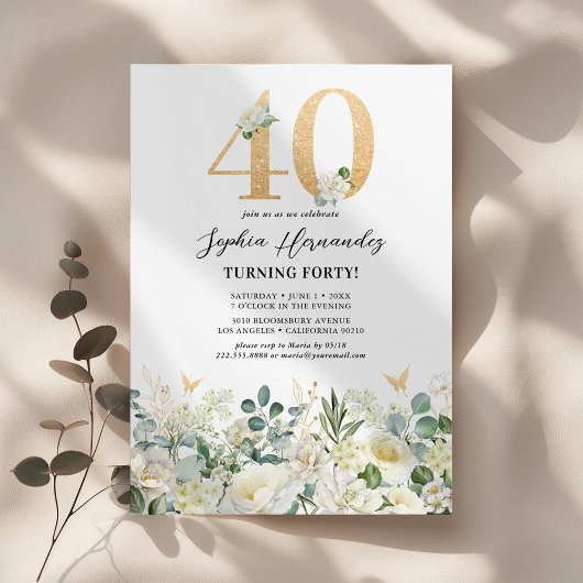 緑と白のフローラ40th誕生日パーティー 招待状
