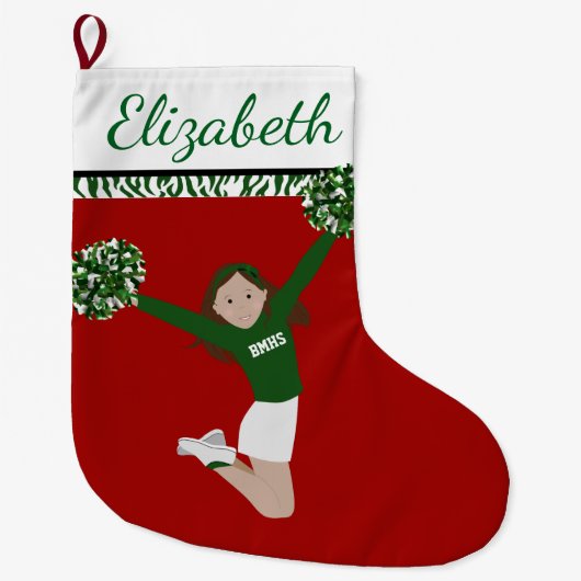 緑と白のブルネットのチアリーダー ラージクリスマスストッキング (正面)