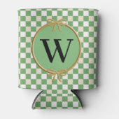 緑と白のベージュチェック&リボンモノグラム 缶クーラー (正面)