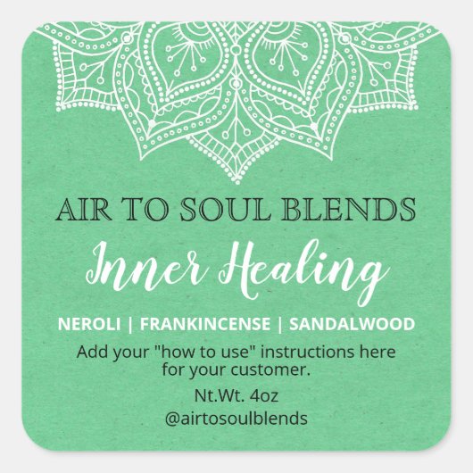 緑と白のマンダラブレンドラベル スクエアシール (正面)
