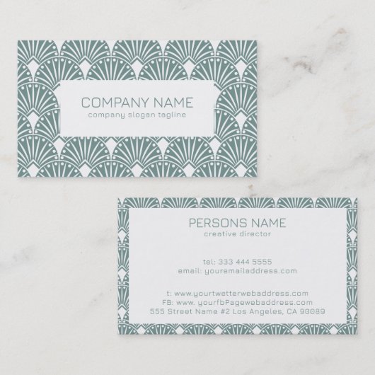 緑と白のミュートされたヴィンテージアールデコパターン 名刺 (正面/裏面)