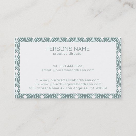 緑と白のミュートされたヴィンテージアールデコパターン 名刺 (裏面)