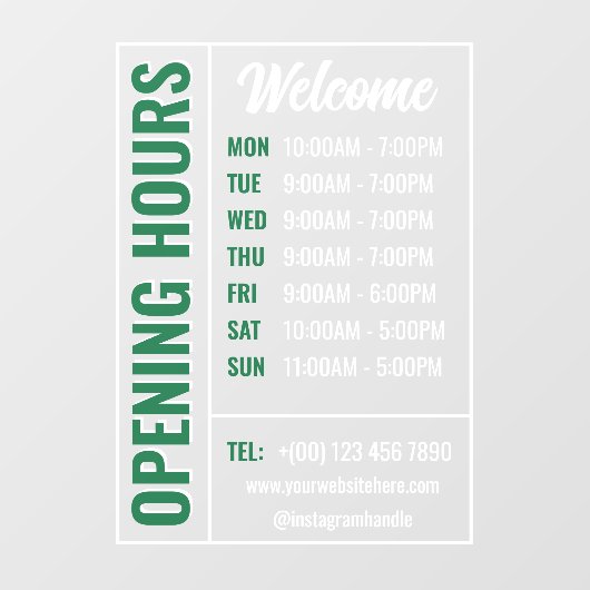 緑と白のモダンな営業時間の案内ステッカー お店の窓やドアに 清潔感のあるミニマルデザイン 緑と白のフ ウィンドウサイン (シート)