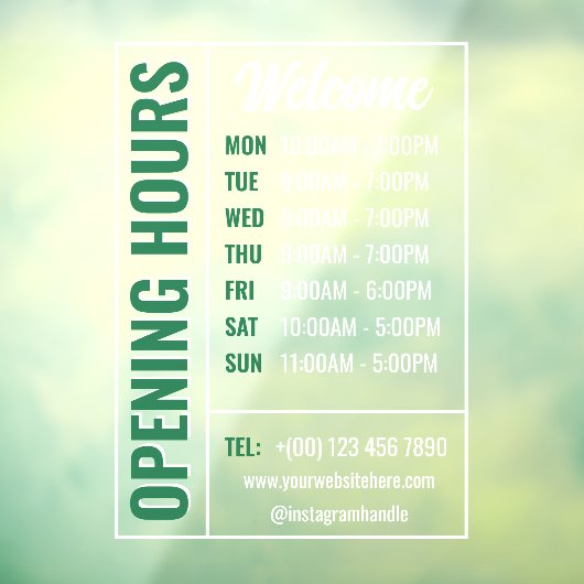 緑と白のモダンな営業時間の案内ステッカー お店の窓やドアに 清潔感のあるミニマルデザイン 緑と白のフ ウィンドウサイン (シート3)