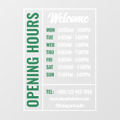 緑と白のモダンな営業時間ステッカー お店の窓やドアに 営業時間、ウェブサイト、SNS、電話番号を清潔 ウィンドウサイン (シート)