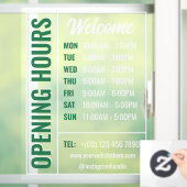 緑と白のモダンな営業時間ステッカー お店の窓やドアに 営業時間、ウェブサイト、SNS、電話番号を清潔 ウィンドウサイン (ホーム)