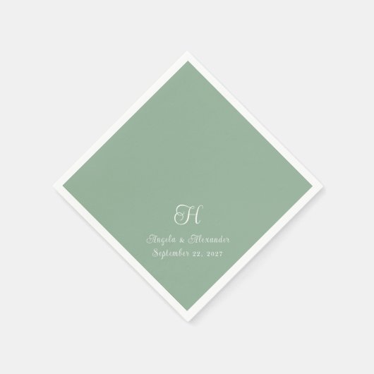 緑と白のモノグラム結婚スクリプト スタンダードカクテルナプキン (角)