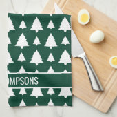 緑と白のモミのクリスマスツリーパターン&文字 キッチンタオル (四つ折り)