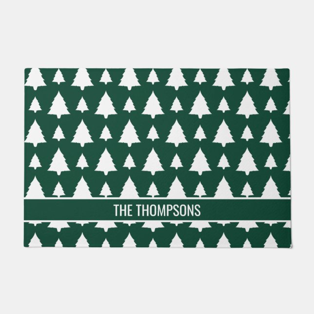 緑と白のモミのクリスマスツリーパターン&文字 ドアマット (正面)