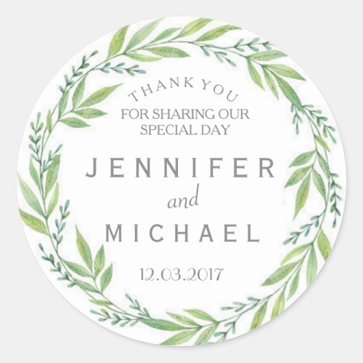 緑と白のリース感謝していのステッ結婚カー ラウンドシール (正面)