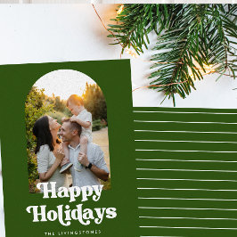 緑と白のレトロタイプアーチフォトホリデーカード シーズンカード