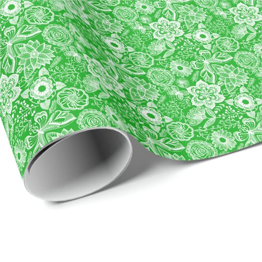 緑と白のレトロ花と蝶のパターン ラッピングペーパー (ロールコーナー)