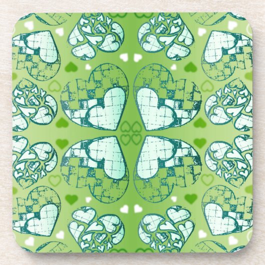 緑と白のロマンお洒落ティックハートパターン コースター (正面)