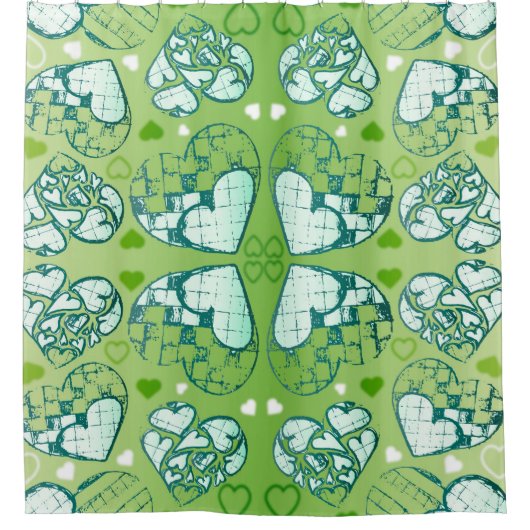 緑と白のロマンお洒落ティックハートパターン シャワーカーテン (正面)