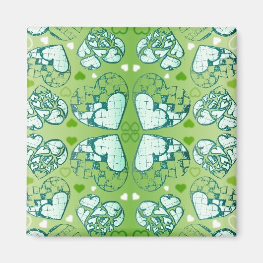 緑と白のロマンお洒落ティックハートパターン マグネット (正面)