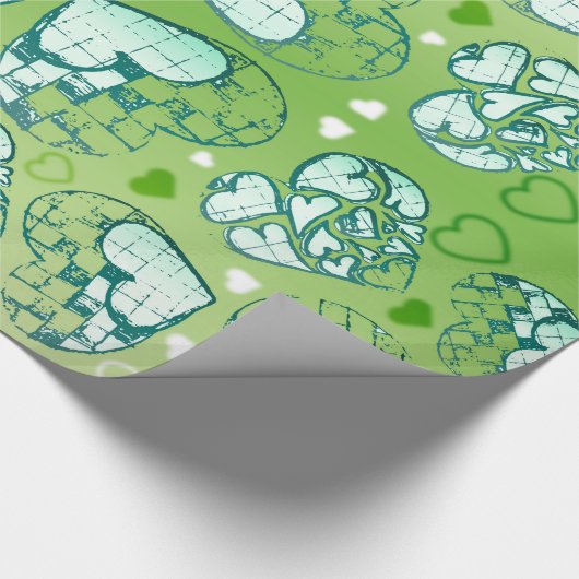 緑と白のロマンお洒落ティックハートパターン ラッピングペーパー (角)