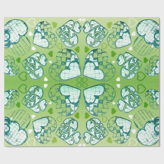 緑と白のロマンお洒落ティックハートパターン ラッピングペーパー (フラット)