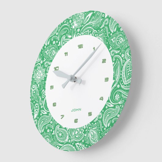 緑と白のヴィンテージフローラペイズリー ラージ壁時計 (傾斜)