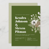 緑と白の冬の森のブーケモダンの結婚数 招待状 (正面/裏面)