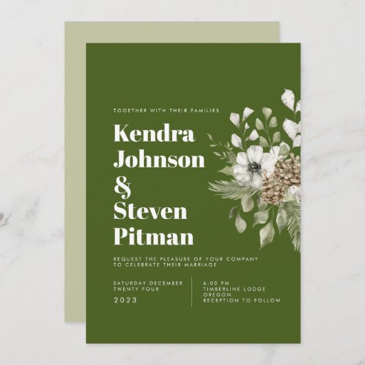 緑と白の冬の森のブーケモダンの結婚数 招待状 (正面/裏面)