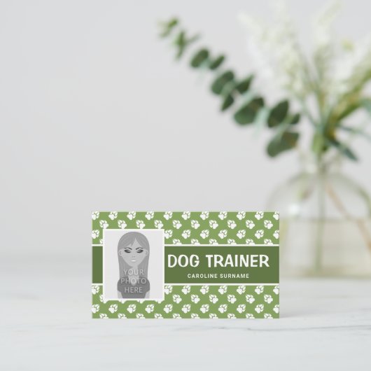 緑と白の前足と写真テンプレート – ドッグトレーナー 名刺 (スタンド正面)