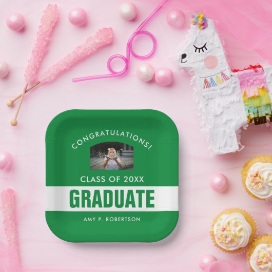 緑と白の卒業パーソナライズされた写真 ペーパープレート (パーティー)