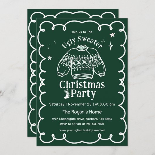 緑と白の手で描かれた醜いセータークリスマス 招待状 (正面/裏面)
