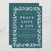 緑と白の手刷りホリーリーフボーダー フラット シーズンカード (正面/裏面)