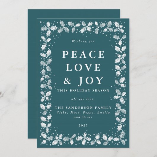 緑と白の手刷りホリーリーフボーダー フラット シーズンカード (正面/裏面)