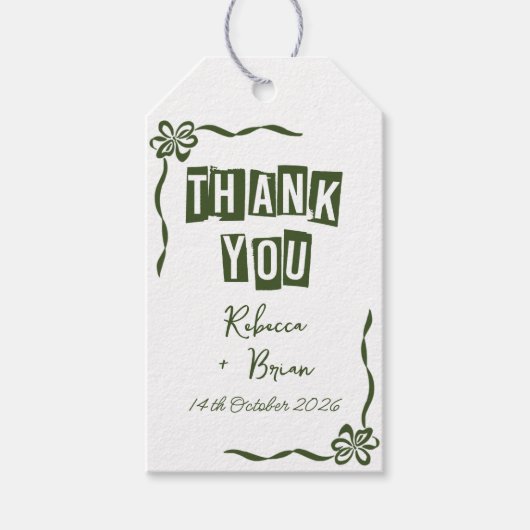 緑と白の手描きボウ結婚ズ ギフトタグ (正面)