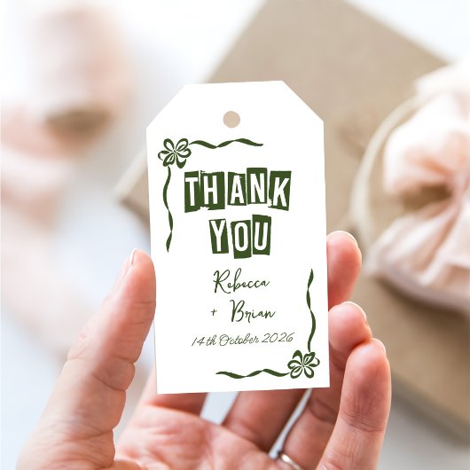 緑と白の手描きボウ結婚ズ ギフトタグ