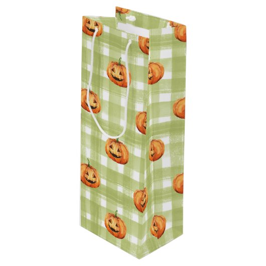 緑と白の格子付きオレンジカボチャ ワインギフトバッグ (正面アングル)