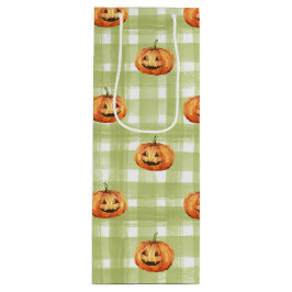 緑と白の格子付きオレンジカボチャ ワインギフトバッグ