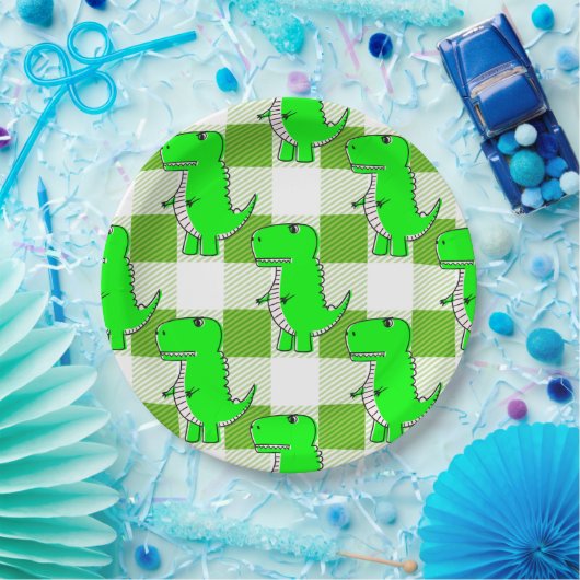 緑と白の格子模様Dinoタータンチェック ペーパープレート (パーティー)