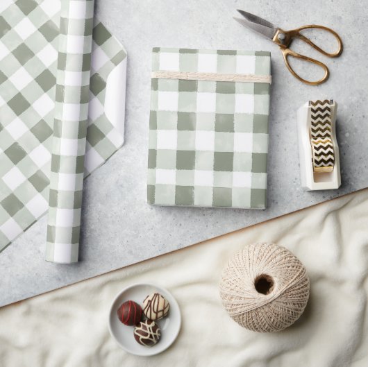 緑と白の格子縞のストライプの誕生日 ラッピングペーパー (クラフト)