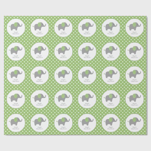 緑と白の水玉模様ゾウの赤ちゃんシャワー ラッピングペーパー (フラット)