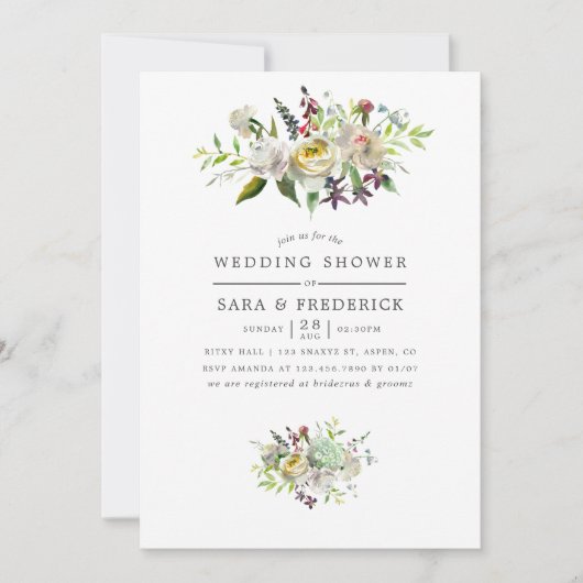 緑と白の水色のフローラウェディングシャワー 招待状 (正面)