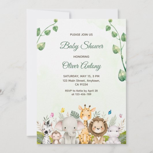 緑と白の水色のベビーシャワー 招待状 (正面)