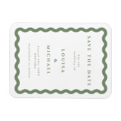 緑と白の波状フレームウェディング日付を保存 マグネット (横)