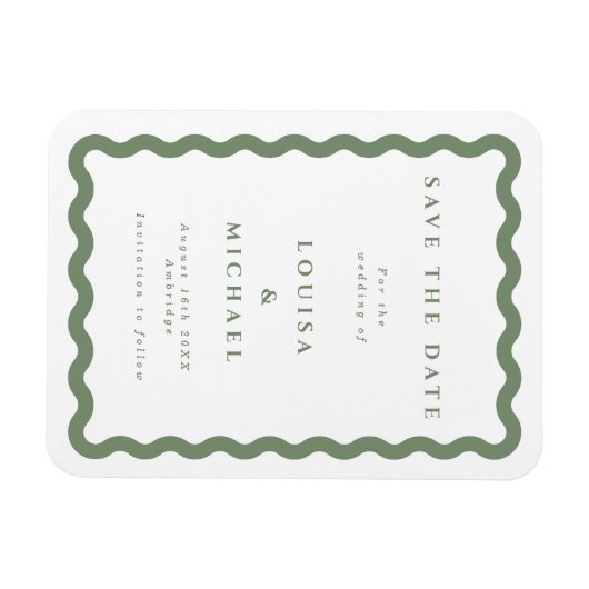 緑と白の波状フレームウェディング日付を保存 マグネット (横)