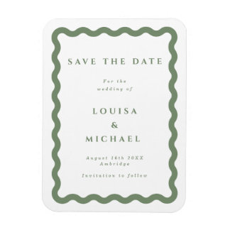 緑と白の波状フレームウェディング日付を保存 マグネット