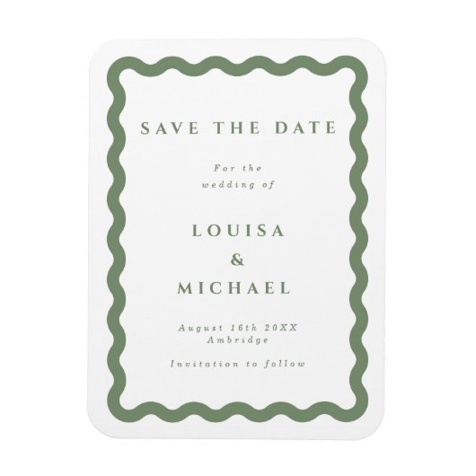 緑と白の波状フレームウェディング日付を保存 マグネット (縦)