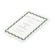 緑と白の波状フレームウェディング日付を保存 マグネット (左側)