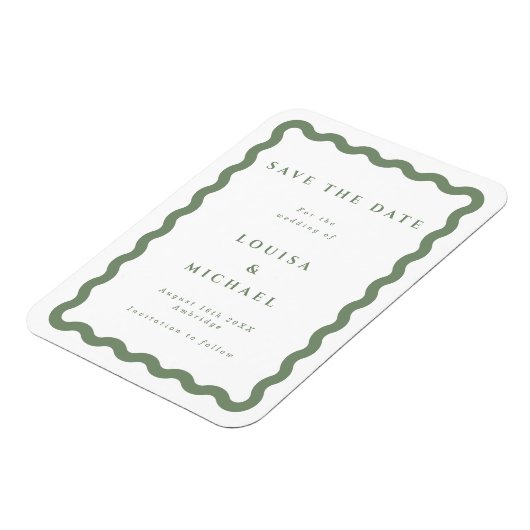 緑と白の波状フレームウェディング日付を保存 マグネット (左側)