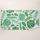 緑と白の熱帯の葉柄 ビーチタオル (正面)