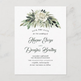 緑と白の牡丹のヴィンテージ日付を保存 案内ポストカード