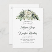 緑と白の牡丹のヴィンテージ日付を保存 案内ポストカード (正面/裏面)